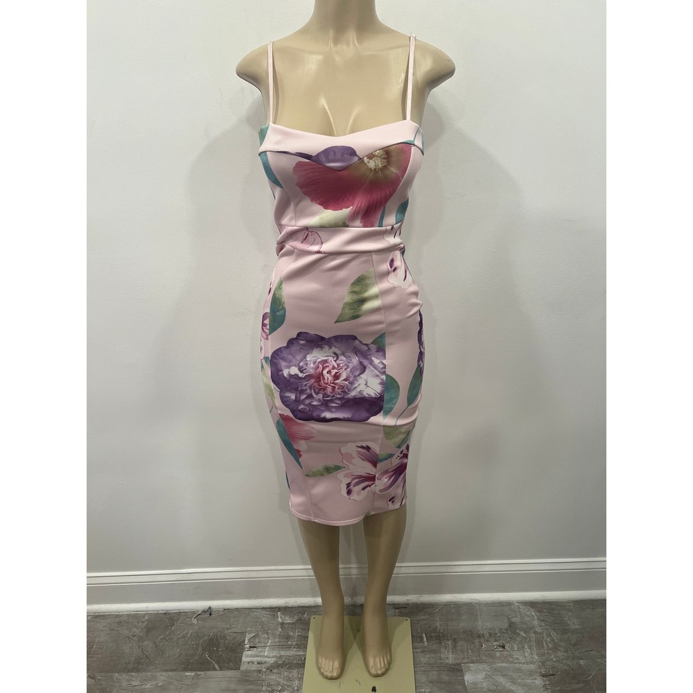 Boohoo Womens Dress Pink Purple Floral Scuba Bodycon Midi Size 4